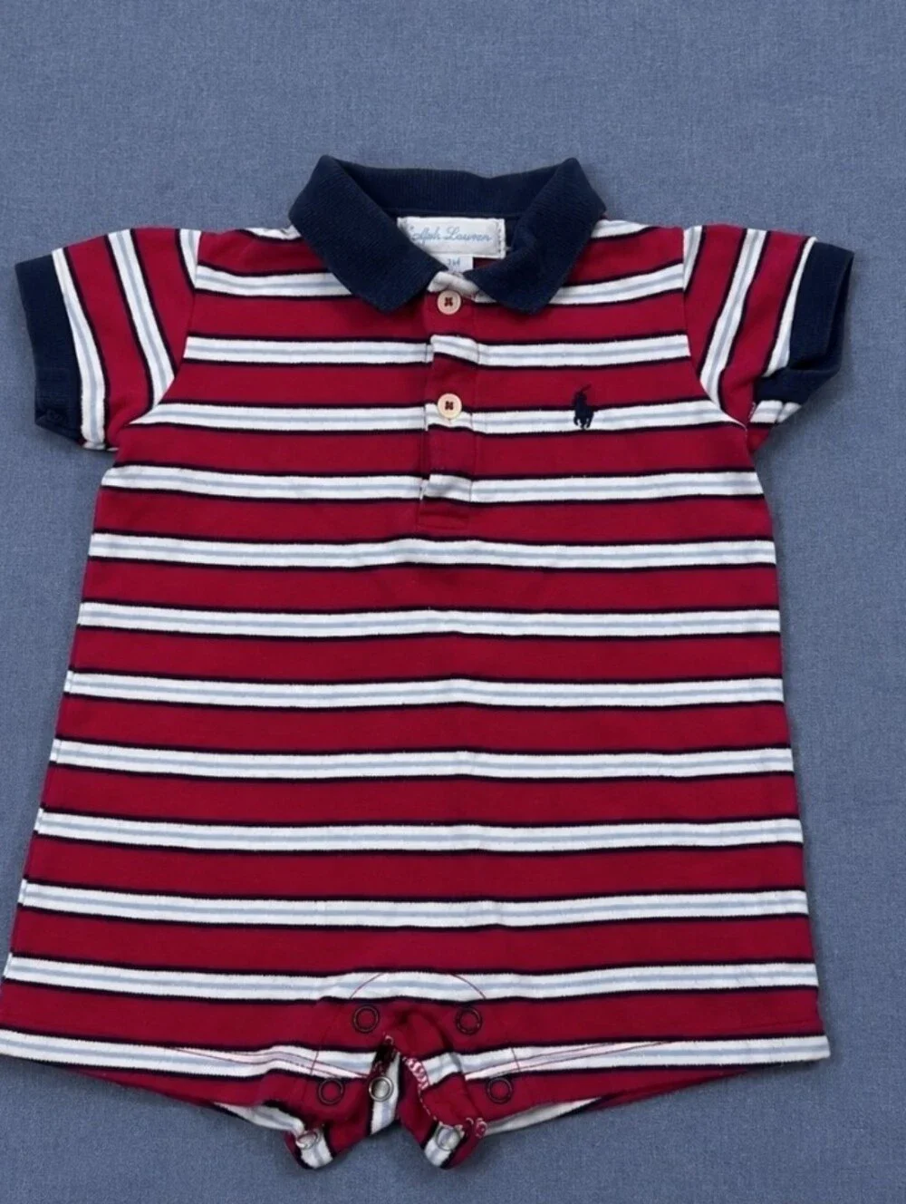 Vintage Ralph Lauren Baby Romper 3M Red Navy Striped Polo Shortall USA Summer